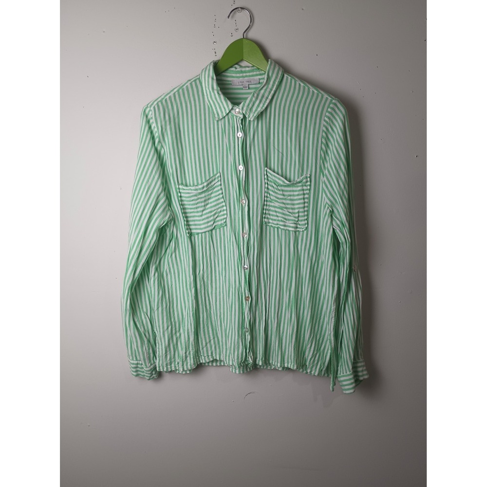 Love Tree‎ Womens Green White Striped Roll Tab Sleeve Button Down Shirt Large